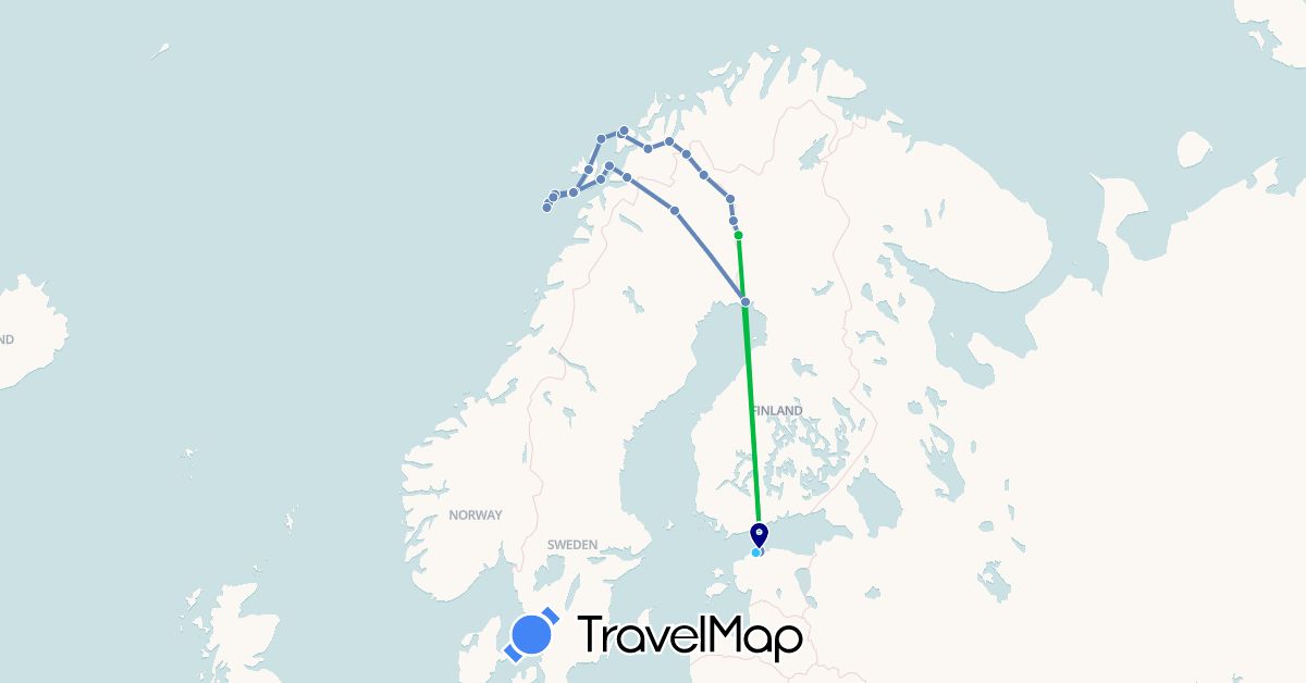 TravelMap itinerary: driving, bus, cycling, boat in Estonia, Finland, Norway, Sweden (Europe)